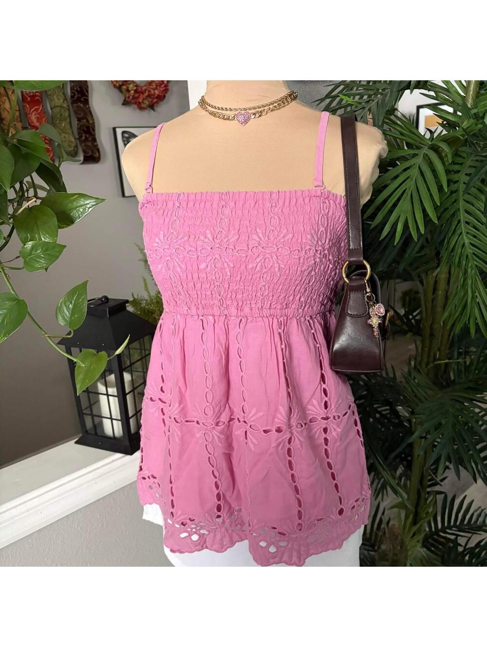 pink eyelet babydoll tank top
